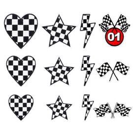 12Pcs Black&White Checkered Iron on Patches Classic Racing Heart Star Checkered Flag Lightning Bolt Iron on Embroidered Set Sew on Repair Embroidered Applique Embellishments for Clothing Backpack Hat