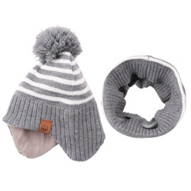 Zsedrut Kids Winter Knitted Hat Scarf Earflap Pompom Beanie Cap for Girls Boys Thick Warm Toddler Hats (Grey Stripe Hat+Scarf, 2-4Y)