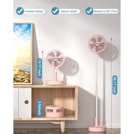 AICase Stand Fan,Folding Portable Telescopic Floor/USB Desk Fan with 10800mAh Rechargeable Battery,4 Speeds Super Quiet Adjustable Height and Head Great for Office Home Outdoor Camping-pink