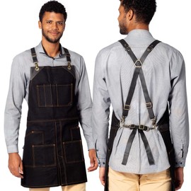 Under NY Sky Cargo Green Apron – Cross-Back with Leather Straps, Heavy-Duty Waxed Canvas and Split-Leg – Adjustable for Men and Women – Pro Woodworker, Mechanic, Blacksmith, Welder, Artist Aprons