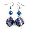Blue Shell Bead Drop Earrings In Silver Tone - 60mm