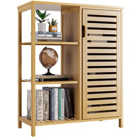 HITNET Bathroom Floor Cabinet, Bamboo Storage Cabinet with Door and 3 Open Shelves, Freestanding Side Kitchen Cupboard Organizer, Natural