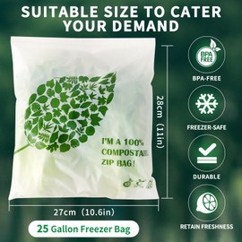 WRAPOK 25 Pack 100% Compostable Gallon Bags Biodegradable Freezer Bags for Vegetables, Fruits or Meat