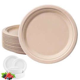 Disposable Paper Plates Brown 7inch/18cm,Super Rigid Bagasse Plates Eco-Friendly Compostable Biodegradable Plate,50Pack Sturdy Sugarcane Plates Party Plates Strong Plates Heavy Duty for Hot/Cold Food