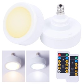 Jizmeyn E12 Base Battery Operated Light Bulb with Remote, 2 Pack 3 AAA Battery Powered LED Light Bulbs, Dimmable Screw in Puck Light with Timer for No Hardwired No Electricity Light Fixture