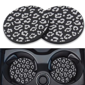 2Pcs Black Gray Leopard Print Car Cup Holder Coasters, Durable Non-Slip Silicone Auto Insert Pads for Car Truck SUV Universal Fit 2.75-Inch