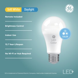 GE LED+ Soft White/Daylight LED Light Bulbs with Remote, 9.5W, No App or Wi-Fi Required, A19 (1 Pack)