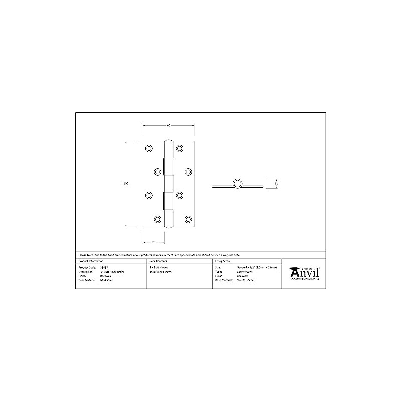 From The Anvil Beeswax 4 Inch Butt Hinge (Pair)