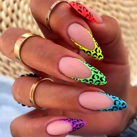 Colorful Leopard Print French Tip Press on Nails Almond Medium Length Matter False Nails With Sticky Tabs Full Cover Artificial Acrylic Fake Nails Glue on Nails for Women Girls Stick on Nails 24Pcs