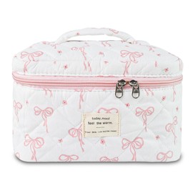 GISMTR Makeup Bag, Quilted Bow Cosmetic Bag, Large Travel Aesthetic Make up Bag, Cute Coquette Toiletry Bag for Women Girls, Bow G