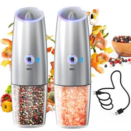 CIRCLE JOY Rechargeable Gravity Electric Salt and Pepper Grinder Set, Stainless Steels Salt and Pepper Mills with LED Light, No Battery Needed, Adjustable Coarseness, Washable 135ml Container, Silver