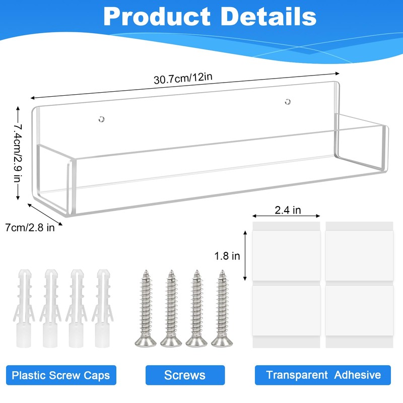 Acrylic Spice Rack Wall Mount-12 Inch, Clear Spice Shelf Storage