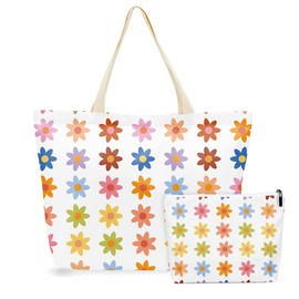 Decorations Colorful Retro Flowers Hippie Accessories for Women Tote Bag Makeup Bag Hippie Decor Hippie Flower Party Wedding Birthday Anniversary Waterproof Tote Bag with Zipper Cosmetic Bag Set of 2
