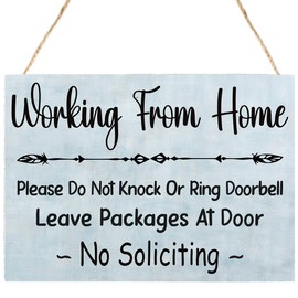 Funny No Soliciting Front Door Sign,Please do Not Knock or Ring Doorbell Sign,Farmhouse Wooden Hanging Plaque Wall Decor for Outdoor Yard Home,Working from Home Sign,13.7''×9.8''