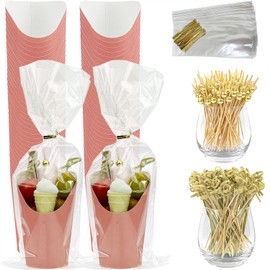 CAMKYDE 50 Sets Disposable Charcuterie Cups with Sticks and Bags, 12 oz Pink Paper Snack Appetizers Cup French Fry Holder with Cocktail Picks Toothpicks (50 Cups+50 Bags+200 Sticks)