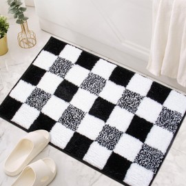 KOEXM Checkered Bathroom Rug 20" x 32", Machine Washable Non-Slip Black and White Checkered Shower Funky Rugs Water Absorbent Cute Bath Mats