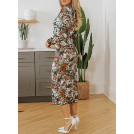 MARZXIN Women's Casual Long Sleeve Bodycon Dress Floral Print Mock Neck Cocktail Tight Fitted Mesh Dress Brown S