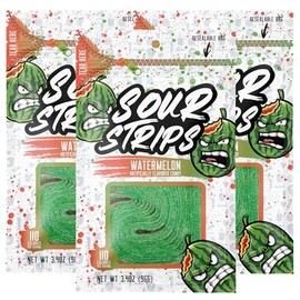 Sour Strips Flavored Sour Candy Strips, Deliciously Sour Chewy Candy Belts, Vegetarian Candies, 3 Pack (Watermelon (3-Pack))