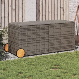 Tidyard Garden Storage Box with Wheels Gray 74.8 Gal Poly Rattan Indoor Outdoor Storage Container, Backyard Storage Box for Garden Tools, Pool Supplies, Patio Cushions, Pillows, Blankets
