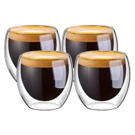 Mebix TRD Juego de 4 tazas para Café Espresso de 80ml | Vasos de Vidrio Doble Pared Transparente Con Aislamiento Térmico Ideal para Bebidas Frías y Calientes (4 Piezas)