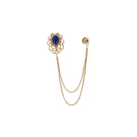 Knighthood Blue Stone with Laser Cut Flower and Stone Chain Brooch Lapel Pin