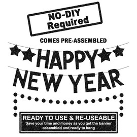 Katchon, Black Glitter Happy New Year Banner - No DIY, 2 Strings | New Years Banner for Happy New Year Decorations 2024 | New Years Eve Party Supplies 2024 | New Years Eve Banner, New Years Eve Decor