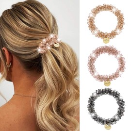 Zoestar Crystal Hair Scrunchies Beads Elastic Hair Bands Ponytail Holder Fashion Hair Accessories for Women and Girls (3 PCS) (Set 2)