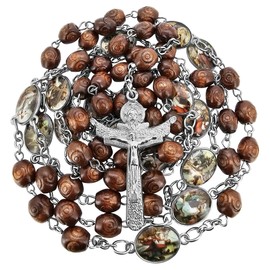 TALISMAN4U Stations of the Cross Rosary Chaplet Carved Wooden Beads Catholic Necklace for Men Women Holy Trinity Crucifix Cross Religious Gift Jewelry with Rosary Box & Prayer Booklet