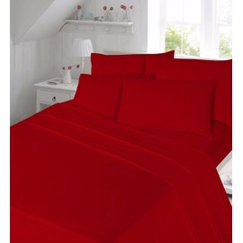 Comfort Collections Flannelette Fitted Bed Sheet Thermal Soft With FREE MATCHING 2 X PILLOW CASE Plain Dyed 100% Cotton Bed Fitted Sheet Red Small Double 4FT