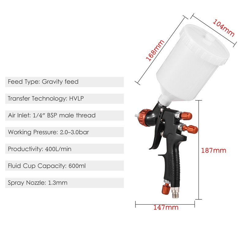 HVLP Pneumatic Paint Spray Gun Set 1.3mm Caliber Adjustable Auto