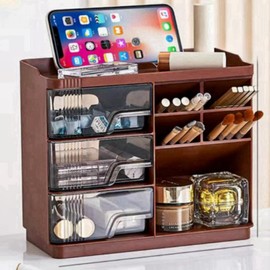 Desk Organizer with Drawers,Pen Holder for Desktop Storage,Tabletop Makeup Organizer,Desk Organization for School, Home, Office Supplies,Bathroom, Dresser (Brown)