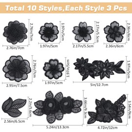 GORGECRAFT 30Pcs 10 Styles Flower Sew on Applique Organza Embroidery Leaves Floral Patches Lace Fabric for Wedding Bridal Dress Sewing Craft DIY Clothes Decor Hair Ornaments Black