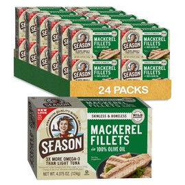 Season Mackerel in Olive Oil - Skinless & Boneless, Wild Caught, Keto Snacks, Canned Mackerel Fillets, Full of Vitamins, Low in Mercury, Kosher, Non-GMO, 20g of Protein - 4.37 Oz, 24-Pack