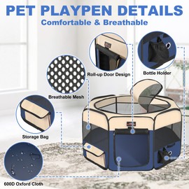 Aivituvin Dog Playpen, Foldable Pet Play Pens with Carrying Bag for Cat, Puppies, Rabbits, Portable Dog Tent Crates Cage for Travel Camping Indoor Outdoor, Removable Shade Cover, Blue L