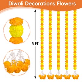 Diwali Decorations Items - 6 Pack Marigold Flower Garland for Diwali Door Decorations, Faux Orange Floral Toran for Home, Festival, Mandir & Wedding Decor (5FT Each)