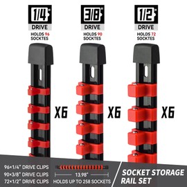 Reniteco Socket Organizer Drive ABS Tools - Red Socket Holder, Premium Quality 18 Pieces Socket Holders Kit 1/4-Inch x 96 Clips, 3/8-Inch x 90 Clips, 1/2-Inch x 72 Clips（18PC,Red)