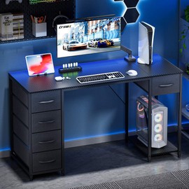 LUCKRACER Computer Desk with 5 Fabric Drawers, 47 Inch Home Office Desk with Storage Shelves, Gaming Writing Work Study Table for Bedroom, Living Room, Black