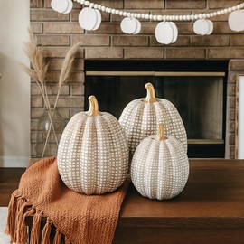 GlikCeil 3 Pcs Artificial Fall Pumpkin Decor White and Gold Golf Ball Shape Resin Pumpkins Figurine for Decorating Gift for Thanksgiving Autumn Harvest Table Centerpiece Farmhouse Mantel Decor