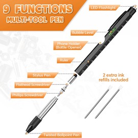 Gifts for Men, 9 in 1 Multitool Pen Set - LED Light, Touchscreen Stylus, Ruler, Level, Bottle Opener, Phillips Screwdriver, Flathead, and Ballpoint Pen - Birthday Gifts for Men, Dad, Husband (Silver)