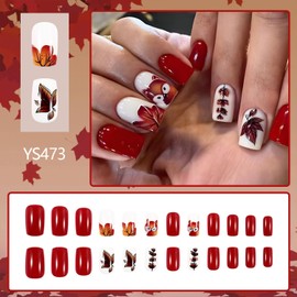 Red Thanksgiving Press on Nails Fall Maple Leaf False Nails Medium Square Autumn Acrylic Nail Glossy Maple Leaves Glue on Nail for Women