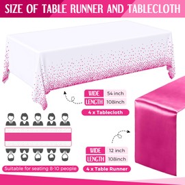 Breling 8 Pack White and Hot Pink Disposable Plastic Tablecloths and Satin Table Runner Set, 54 x 108 Inch Tablecloth, 12 x 108 Inch Table Runners for Birthday Baby Shower Wedding Graduation