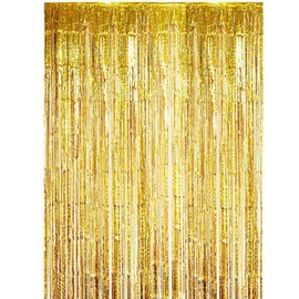 Iridescent Foil Tinsel Curtain Backdrop, 1m x 2m, 2-Pack, Pink gold silver iridescent rainbow (Gold)