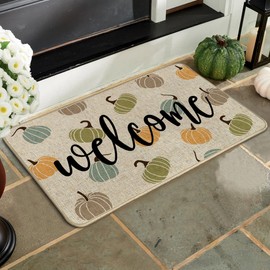 Welcome Fall Pumpkin Front Door Mat Indoor Outdoor Entrance 17x29, Autumn Thanksgiving Washable Non-Slip Rubber Doormat Inside Outside Entrance, Grey Floor Mat for Home Holiday Decor