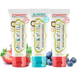 Jack N' Jill Natural Toothpaste for Baby and Infants - Fluoride Free Training Toothpaste, 40% Xylitol, BPA Free - Strawberry & Blueberry, 1.76 oz (Pack of 3)