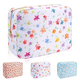 Iqimott - Mini bolsa de maquillaje floral de nailon, bonita bolsa de cosméticos pequeña, impermeable, con cierre, bolsa de viaje, Blanco (white-flower), Large, Moda