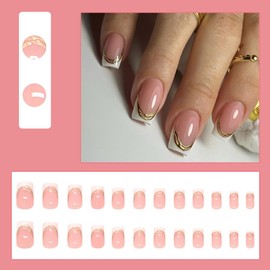 French Tip Press on Nails Medium Fake Nails Square False Nails with Gold Embossed Designs Artificial Nails Pink Glossy Glue on Nails for Women 24pcs