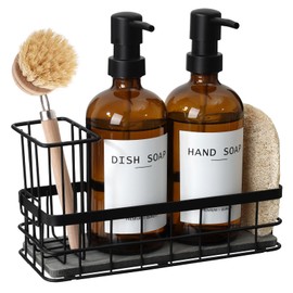 Dish Soap Dispenser for Kitchen, 16.9 fl oz Amber Hand and Dish Soap Dispensers, Kitchen Soap Dispenser Set with Sponge Holder, Brush Holder and Loofah Sponge, Countertop Sink Organizer Accessories