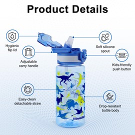 wooshwa Kids Water Bottle for School, 20 Oz Plastic Water Bottle with Silicone Spout and Pop-Up Cover, BPA Free & Dishwasher Safe (Dinosaur)