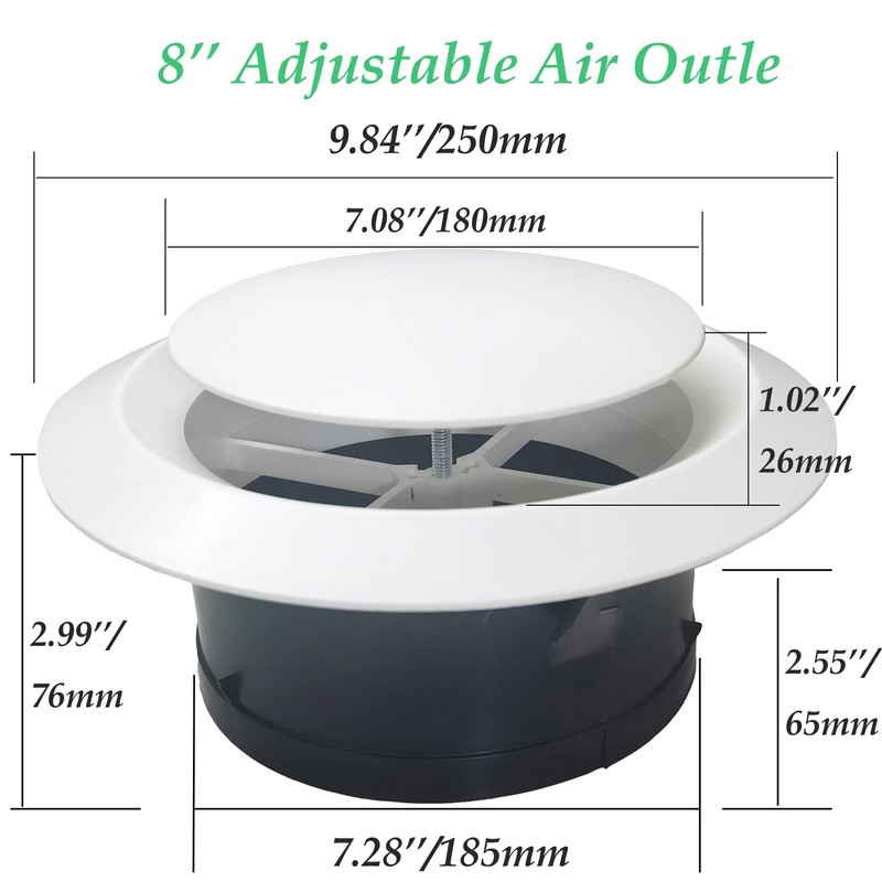 8 Inch Adjustable Air Vents, ABS Soffit Vent Round Vent