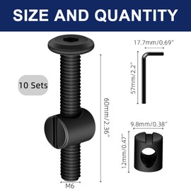 MewuDecor M6 x 60mm Black Flat Head Socket Head Screw Furniture Bolts and Barrel Nuts, with Allen Wrench Perfect for Furniture, 10 Sets